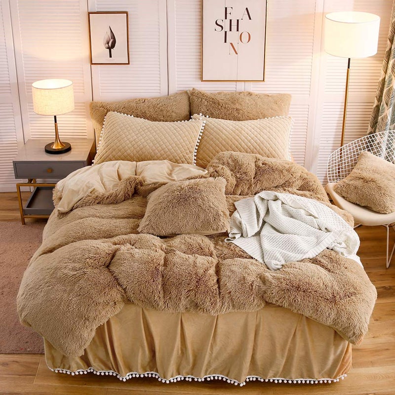 LIFEREVO Luxury Plush Shaggy Duvet Cover Set, Soft Velvet Fluffy Furry Duvet Cover Set(1 Faux Fur Fuzzy Comforter Cover + 2 Pom Poms Pillow Cases) Solid Bedding Set, Zipper Closure(Full/Queen, Camel) - Image 1